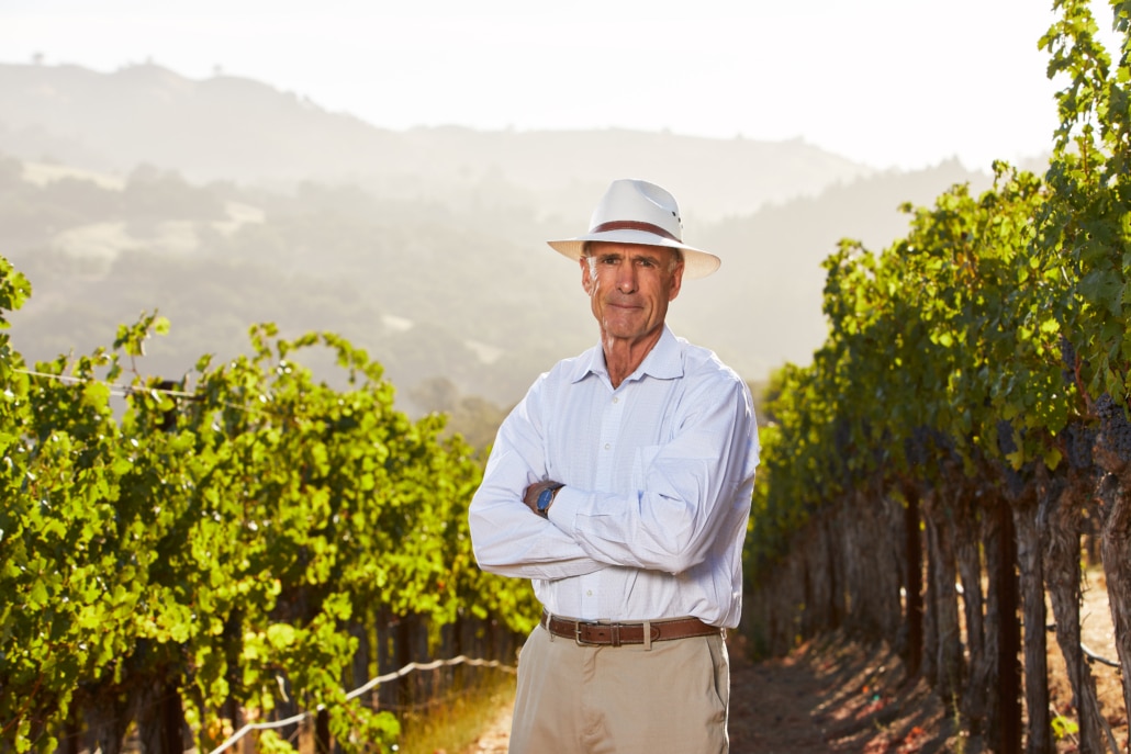 Tom Klein 2023 SoCoBA Lifetime Achievement Award Recipient standing in a vineyard